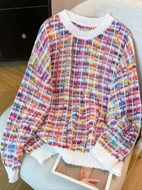 Multicolor Knit Crewneck Sweater with White Trim.